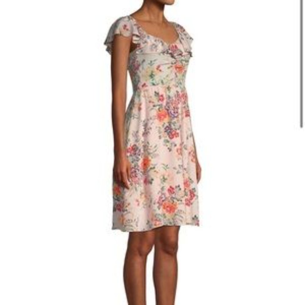 Rebecca Taylor Artful Floral Ruffle Trimmed Dessert Rose Dress